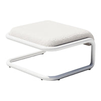 White upholstered ottoman with a textured surface and sleek white metal frame, ideal for modern decor.