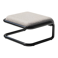 Modern black metal footrest with a textured beige cushion, featuring a sleek and minimalist design.