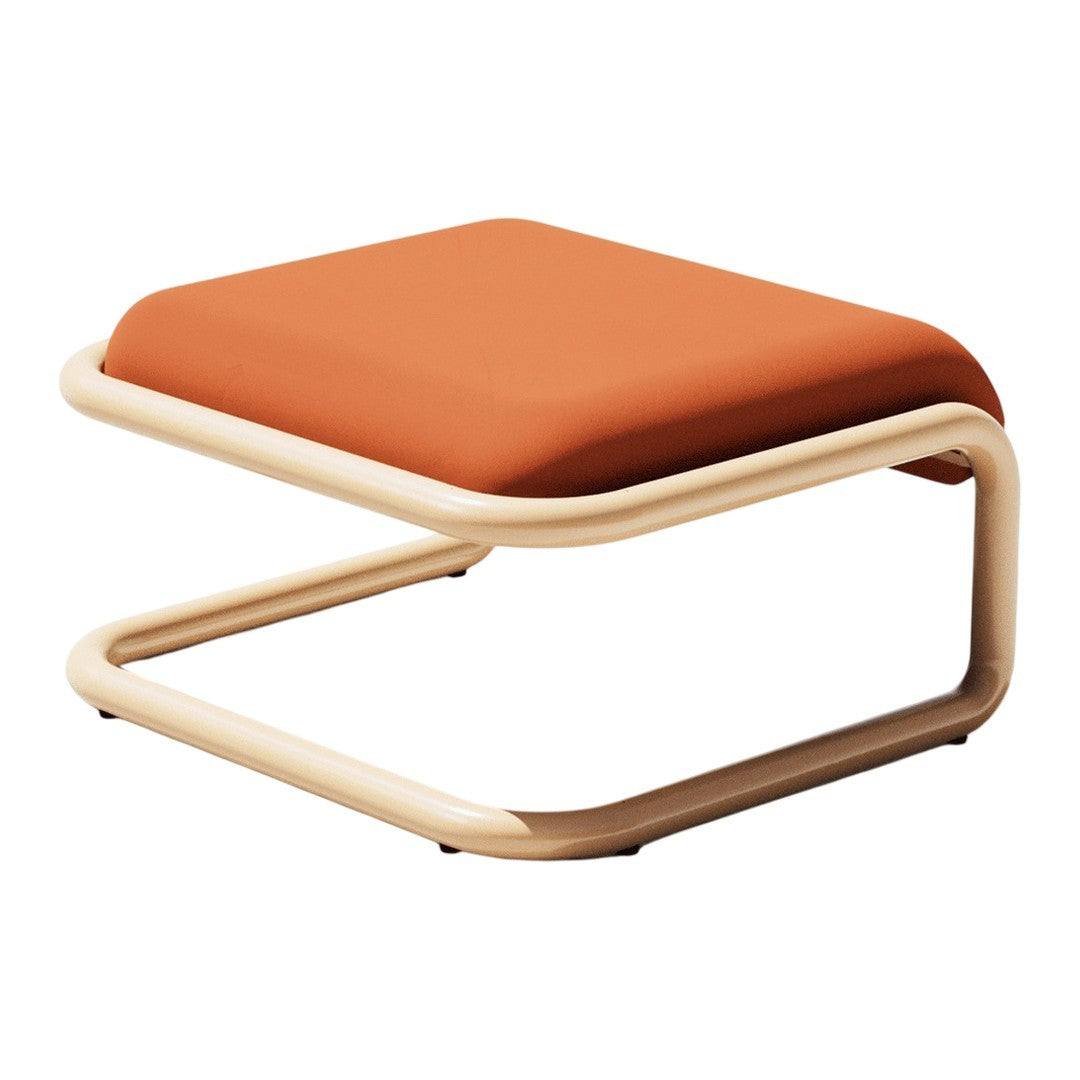 Orange cushion on a cream metal frame, featuring a sleek, modern design with a minimalist look.