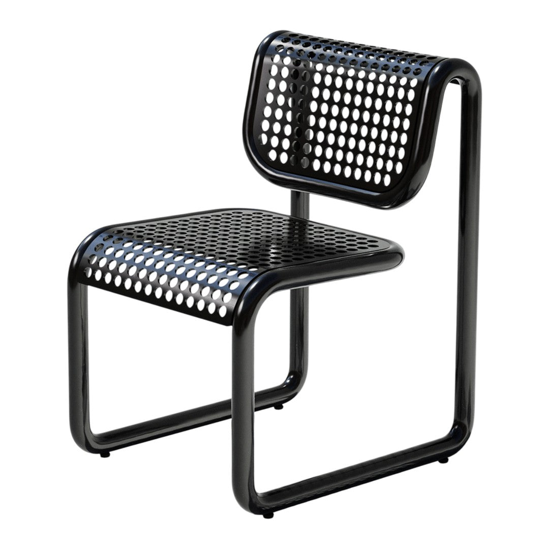 Black metal chair with a modern grid pattern, featuring a sleek design and minimalist aesthetic. Ideal for contemporary decor.