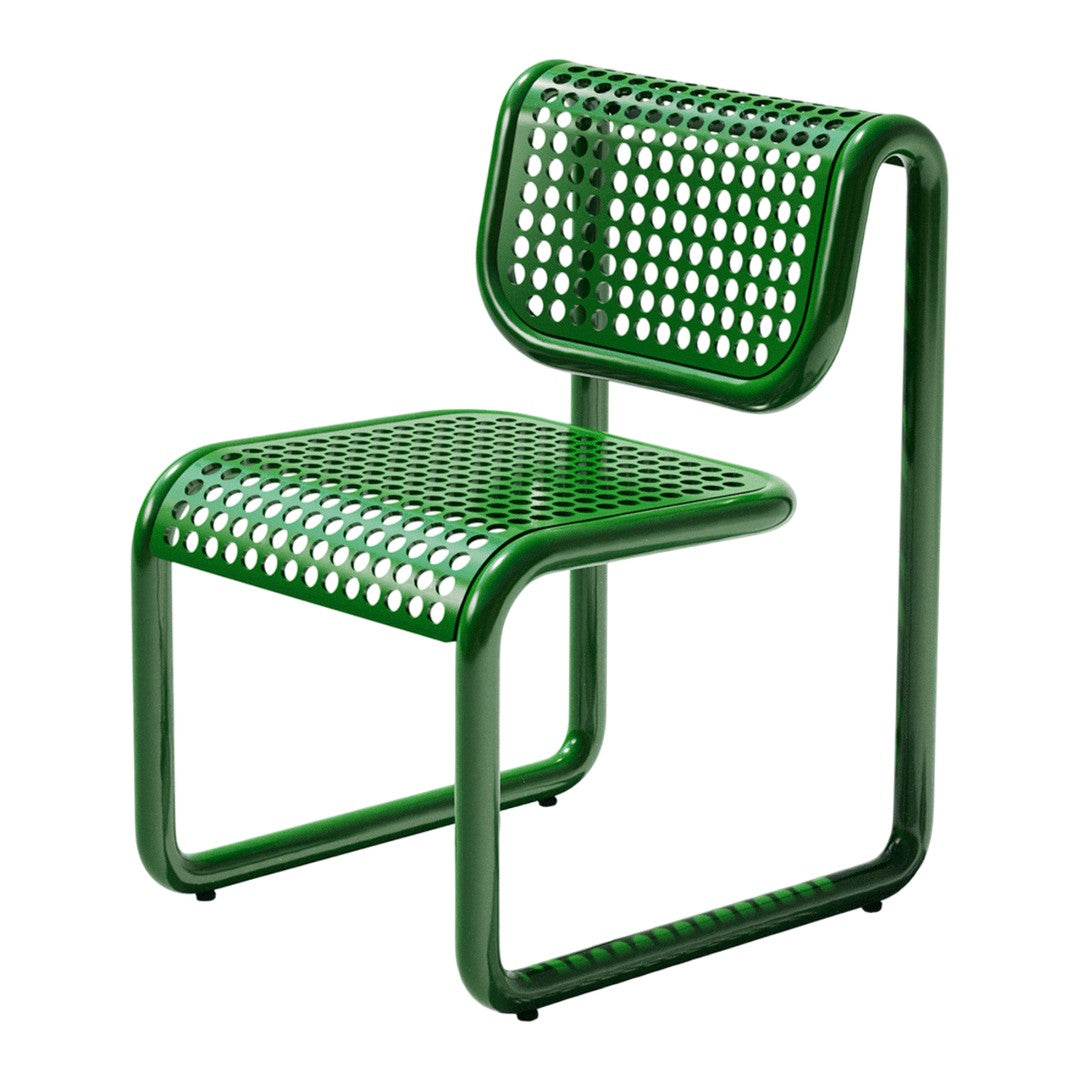 Vibrant green metal chair with a modern mesh pattern, casting a subtle shadow on a light background.