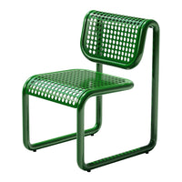 Green perforated metal chair with a modern design and sleek lines, perfect for contemporary spaces.