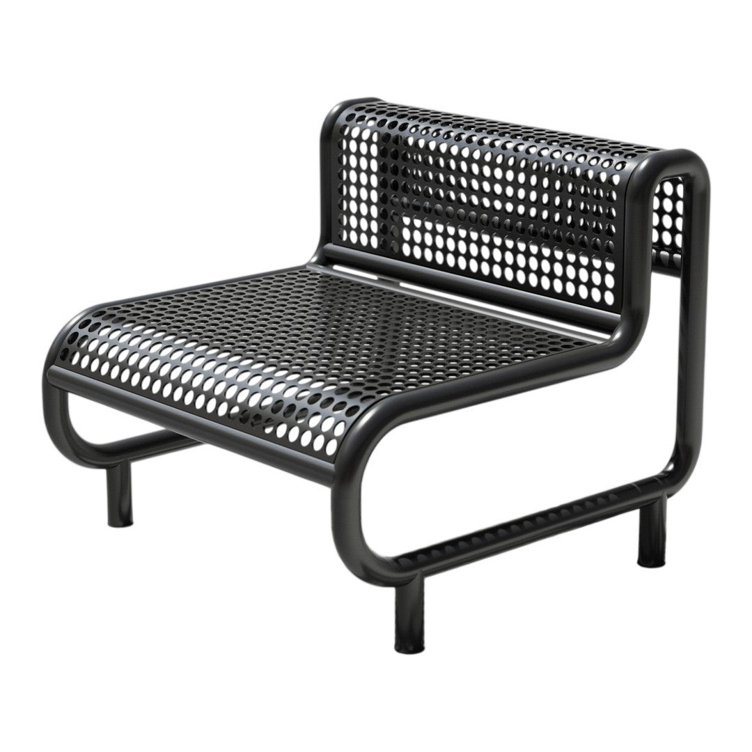 Black perforated metal bench with sleek, minimalist design and rounded edges. Ideal for modern outdoor settings.