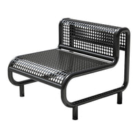 Black perforated metal bench with sleek, minimalist design and rounded edges. Ideal for modern outdoor settings.