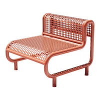 Copper-colored lounge chair with a perforated mesh design and sleek, modern lines. Perfect for contemporary decor.