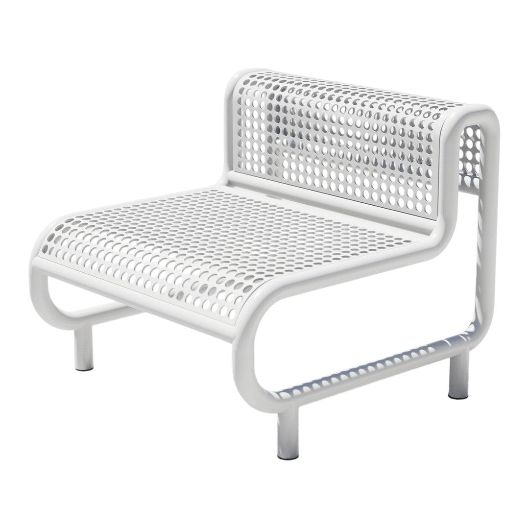 White perforated metal bench with a modern, minimalistic design and smooth, rounded edges. Ideal for outdoor spaces.