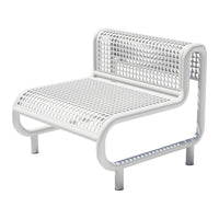 White perforated metal bench with a modern, minimalistic design and smooth, rounded edges. Ideal for outdoor spaces.