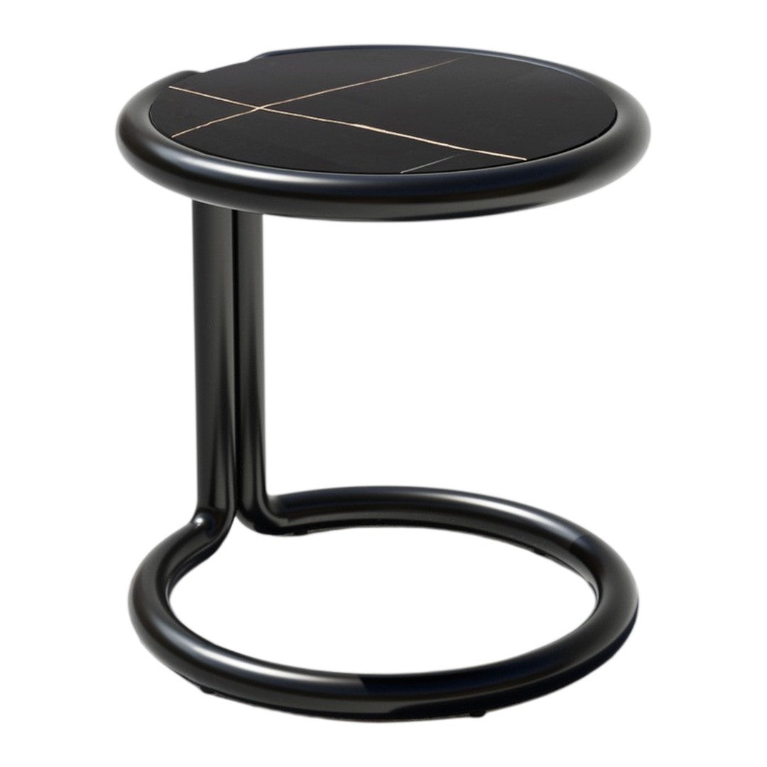 Black round side table with a sleek glossy finish and gold geometric line pattern. Modern and minimalistic design.