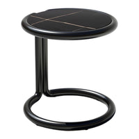 Black round side table with a sleek glossy finish and gold geometric line pattern. Modern and minimalistic design.