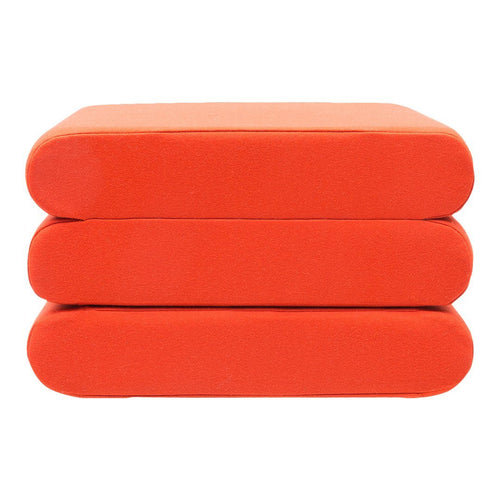 Stacked cushions in vibrant orange with smooth, rectangular shapes and rounded edges, perfect for modern decor.