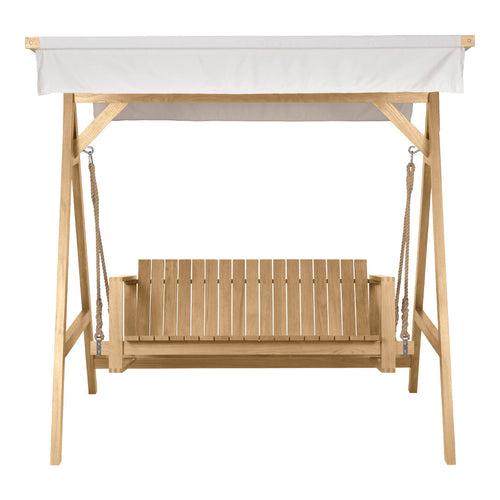 Natural wooden swing with light beige canopy, featuring slatted design for comfortable seating. Ideal for outdoor spaces.