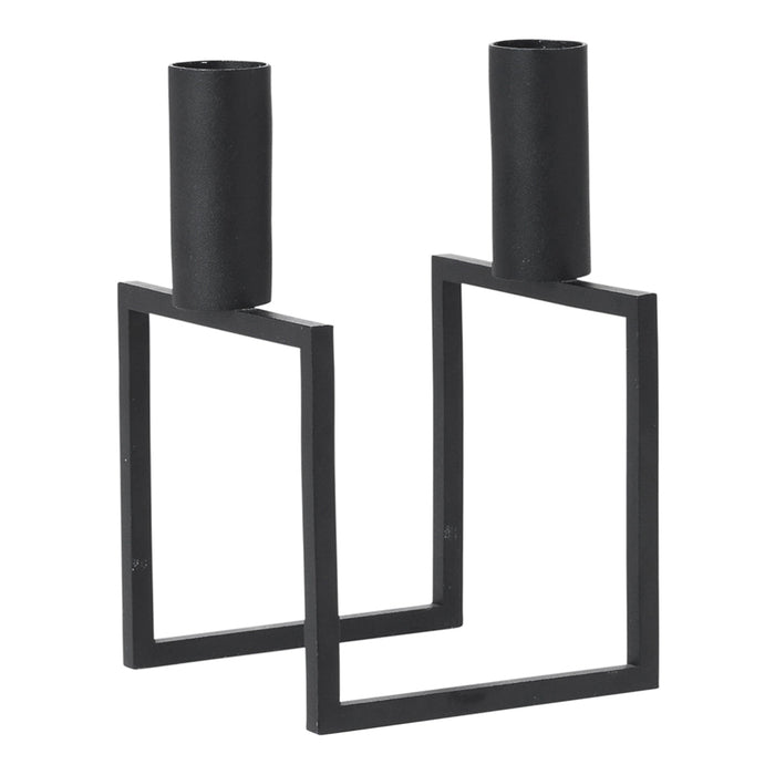 Modern black candle holder with sleek geometric frame and minimalistic design, featuring two cylindrical holders.