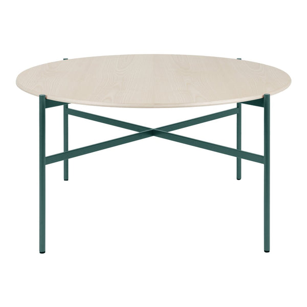 Round table featuring a light wood top with a green metal base, combining natural and bold elements for a modern look.