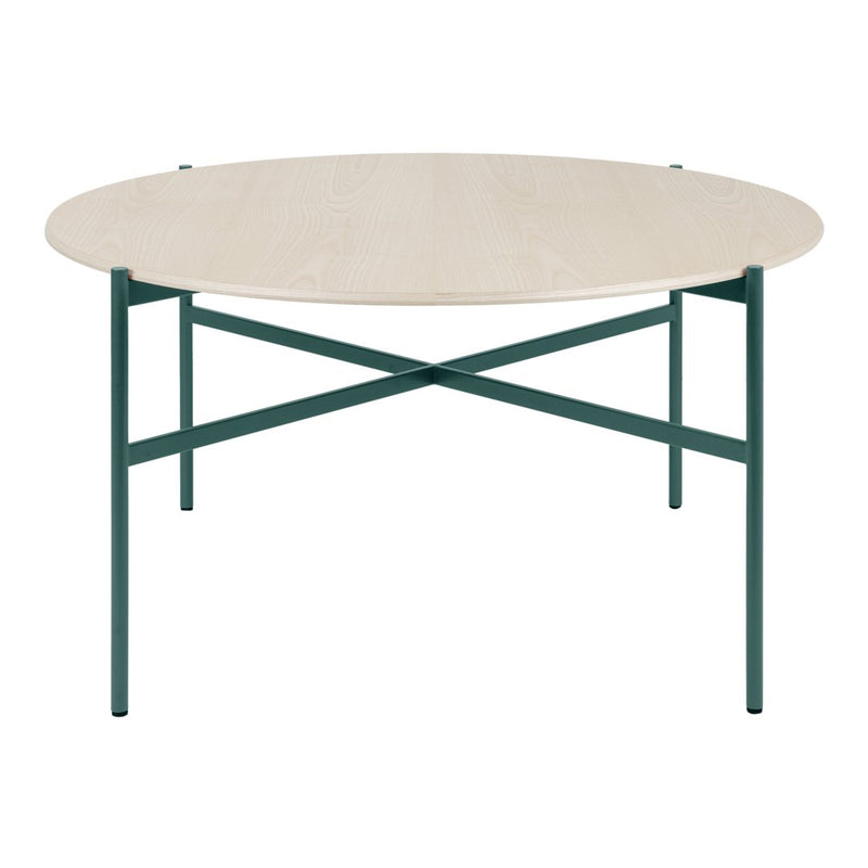 Round table featuring a light wood top with a green metal base, combining natural and bold elements for a modern look.