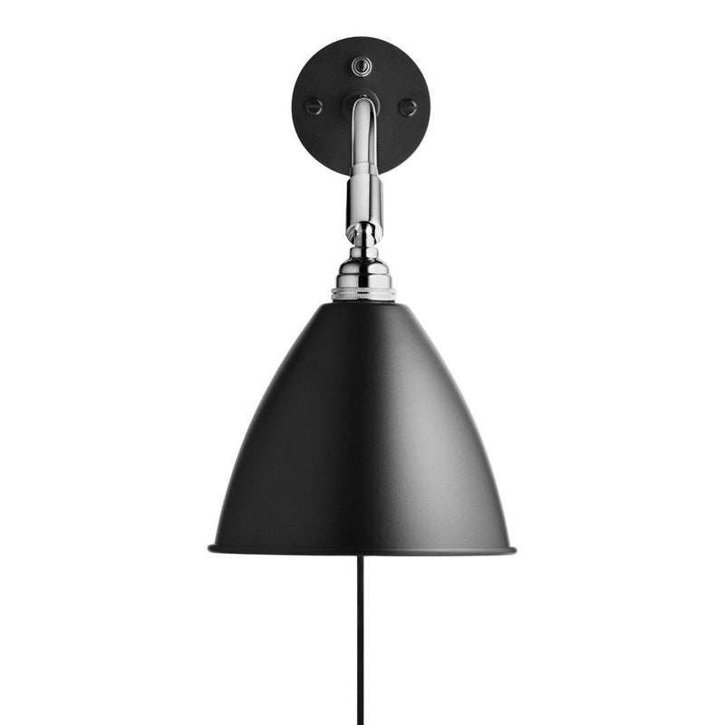 Black cone-shaped wall lamp with chrome accents and a sleek, minimalist design. Perfect for modern decor.