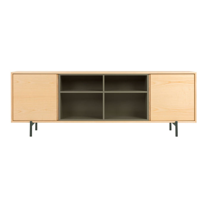 Natural wood finish with a smooth light beige color and dark gray interior; minimalist design with no patterns.