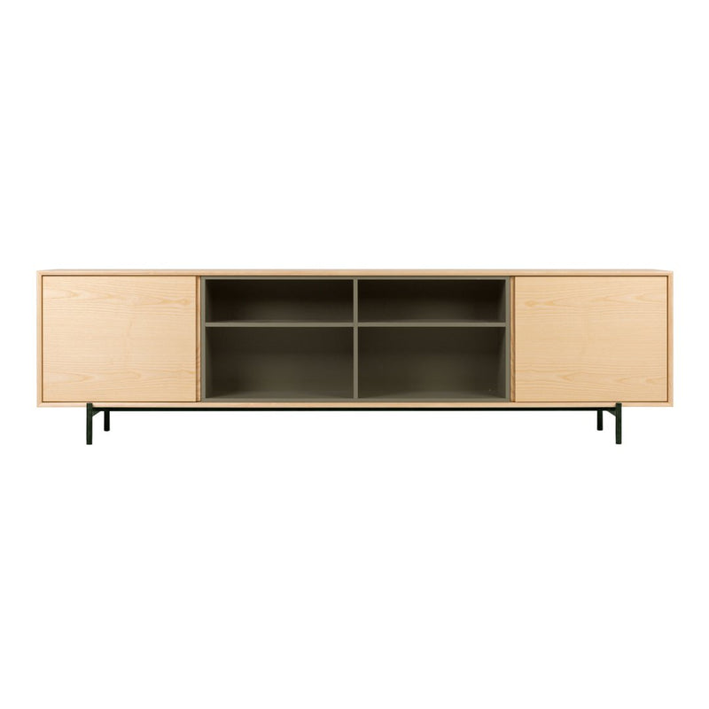 Light wood texture with a smooth finish, black metal legs, and a minimalist design featuring open and closed storage.