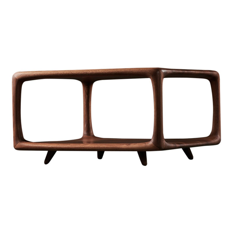 Modern wooden coffee table with rich brown finish and sleek, geometric design. Perfect for stylish interiors.