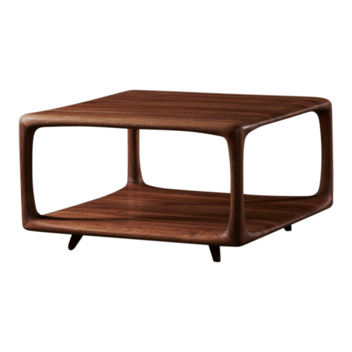 Brown wooden coffee table with smooth, curved edges and a minimalist open design, featuring a rich walnut finish.