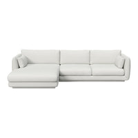 Modern white sectional sofa with a sleek, minimalist design and smooth fabric. Perfect for contemporary living spaces.