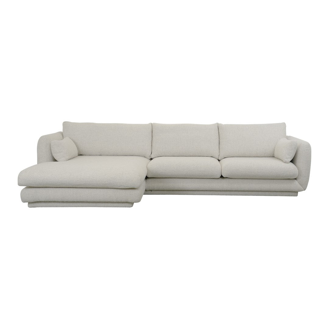 Light beige sectional sofa with smooth fabric and plush cushions, featuring a minimalist design for modern decor.