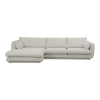 Light beige sectional sofa with smooth fabric and plush cushions, featuring a minimalist design for modern decor.