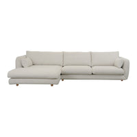 Light beige sectional sofa with smooth fabric and minimalist design, featuring a cozy chaise lounge for added comfort.