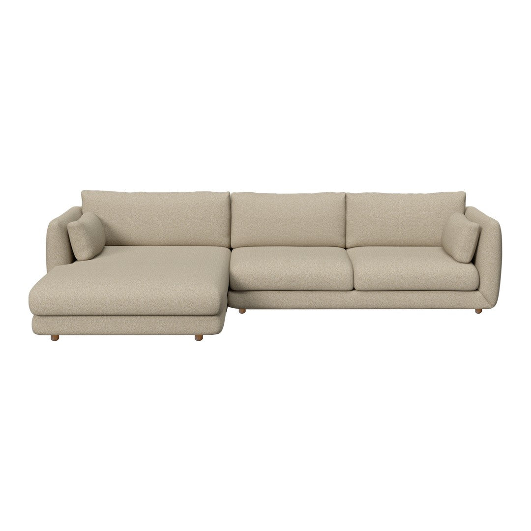Beige sectional sofa with smooth fabric, featuring a modern design and subtle texture for versatile home decor.