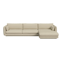 Beige sectional sofa with a smooth, neutral fabric and minimalist design, perfect for modern living spaces.