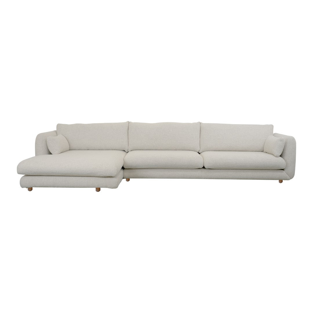Light beige sectional sofa with minimalist design and smooth fabric, featuring subtle stitching and wooden legs.