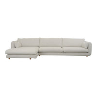 Light beige sectional sofa with minimalist design and smooth fabric, featuring subtle stitching and wooden legs.