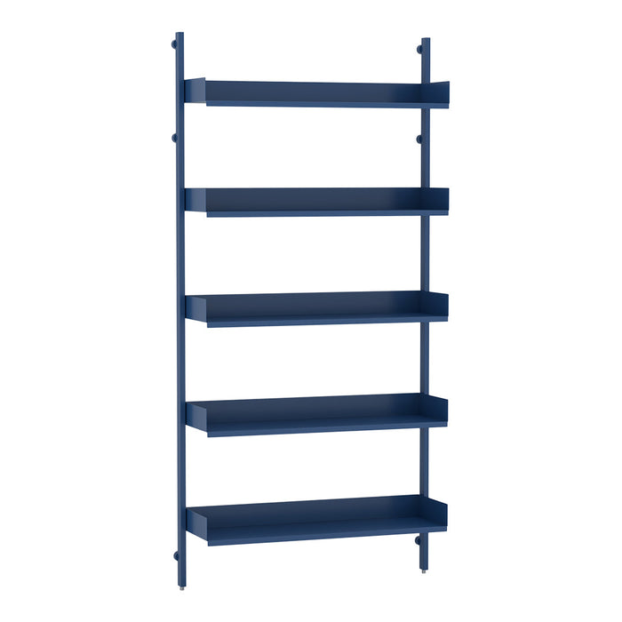Navy blue shelving unit with five solid shelves and sleek, modern design. Ideal for organization and display.