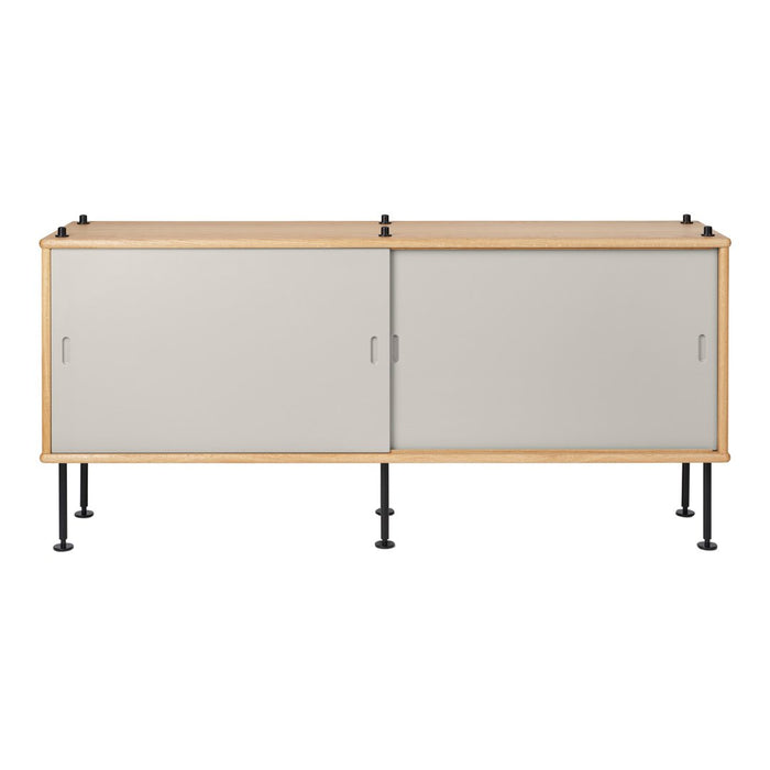 Modern two-tone cabinet in natural wood and soft gray, featuring a sleek, minimalist design with a smooth finish.