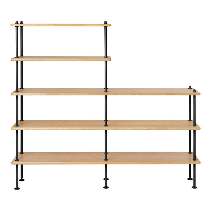 Natural wood and black metal shelving unit with five open shelves featuring a modern, minimalist design.