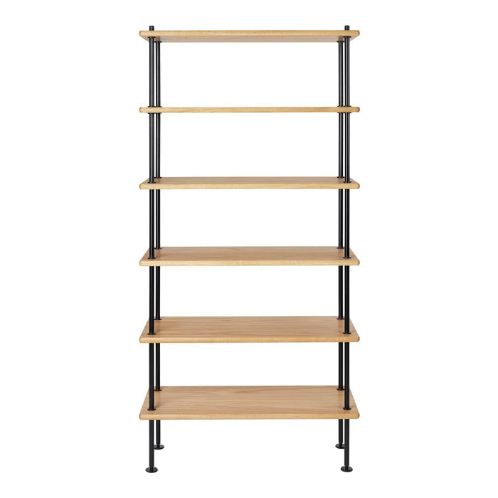 Light oak wood shelves with a natural finish supported by sleek black metal frames, featuring a minimalist design.