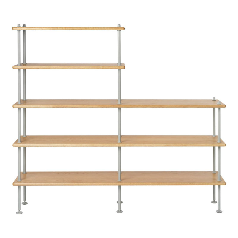 Light wood shelving unit with sleek metal accents and an open design featuring five horizontal shelves.