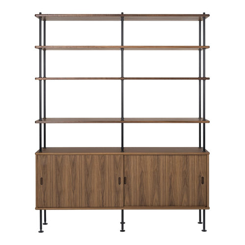 "Modern wooden shelf unit with a warm brown finish and sleek black metal accents, featuring open and closed storage."