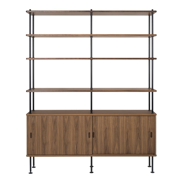 "Modern wooden shelf unit with a warm brown finish and sleek black metal accents, featuring open and closed storage."
