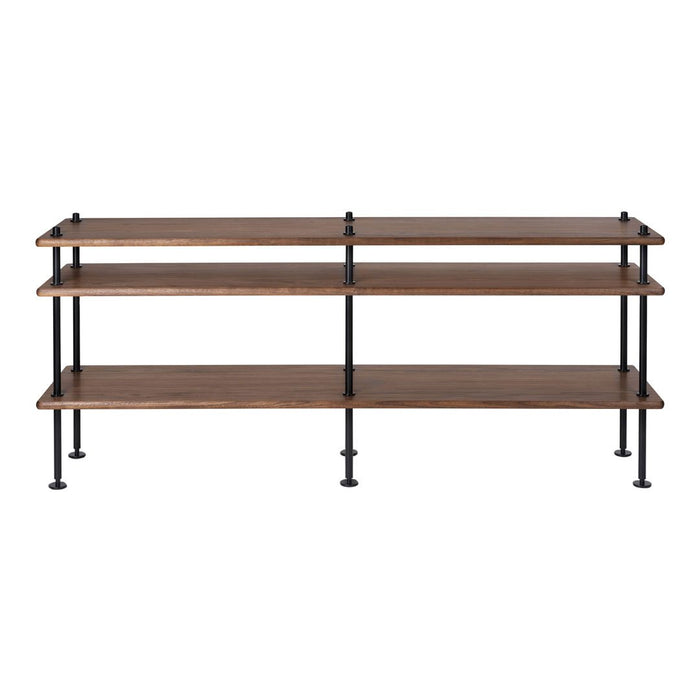"Brown wooden shelves with black metal supports, featuring a clean, modern design and minimalist style."