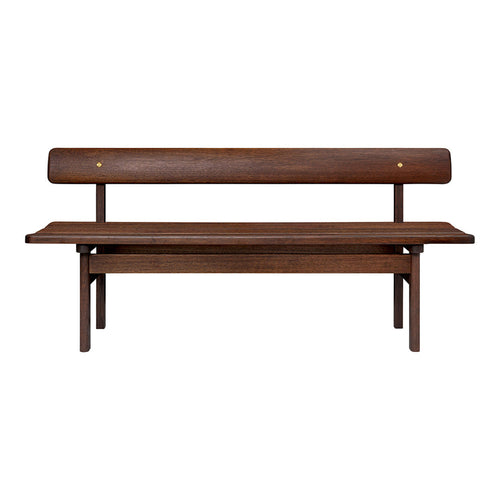 Brown wooden bench with a sleek design and smooth, minimalist lines, featuring subtle gold accents.