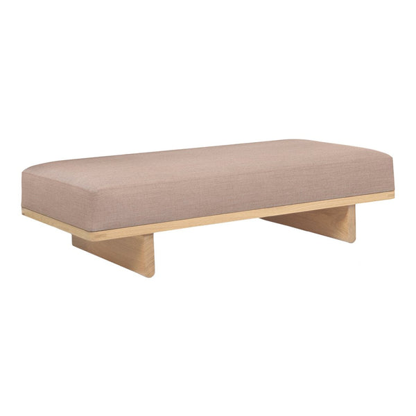 Soft beige upholstered ottoman with a minimalist wooden base, featuring clean lines and a modern design.