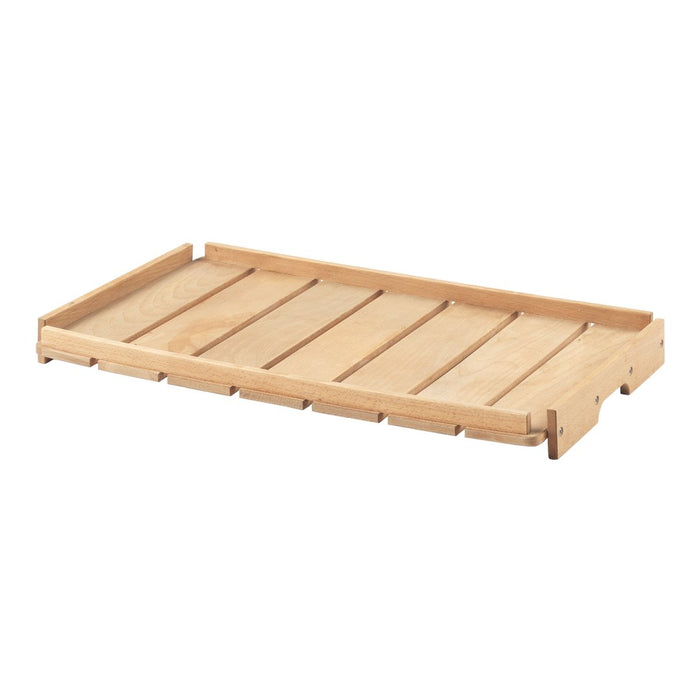 Natural wood tray in light beige with horizontal slats, showcasing a simple and rustic design. Ideal for storage.