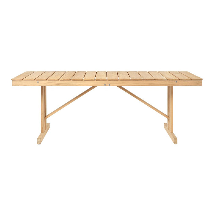 Light oak wooden table with slatted top design, featuring a natural finish and simple geometric legs.