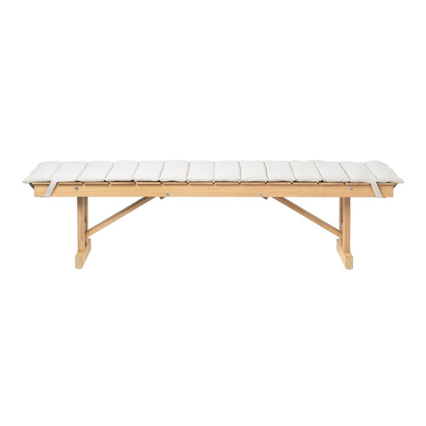 Light-colored striped fabric with a natural wood frame, featuring a simple, minimalist design. Perfect for outdoor lounging.