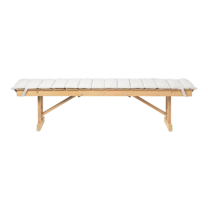 Light-colored striped fabric with a natural wood frame, featuring a simple, minimalist design. Perfect for outdoor lounging.