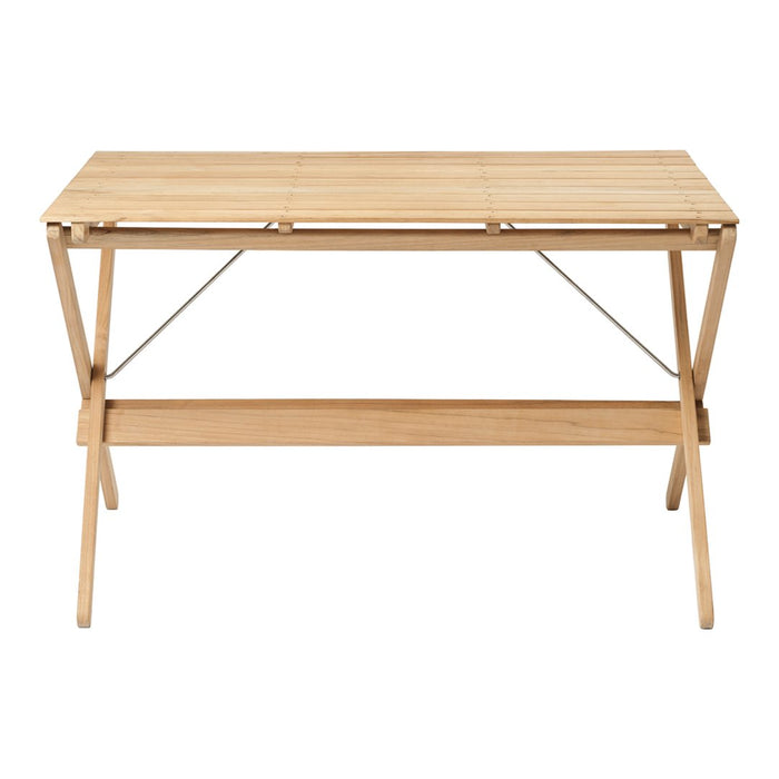 Natural wood finish table with a sleek, minimalist design and slatted patterns on the surface.