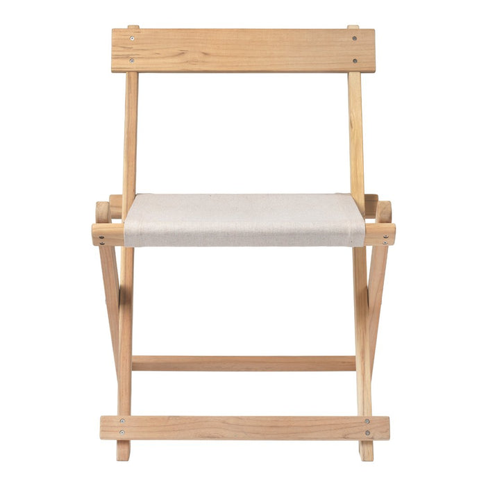 Natural wooden foldable chair with light beige fabric seat, showcasing a minimalist design and natural finishes.