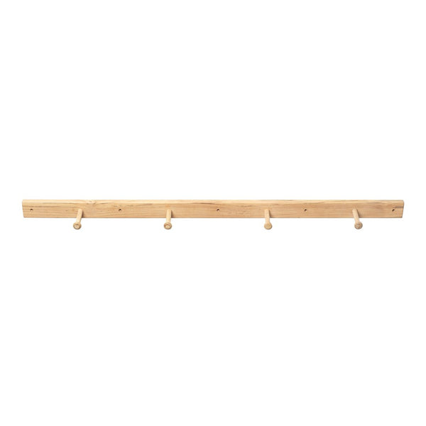 Natural wood wall hook rack with a light beige finish and smooth wooden knobs. Simple, minimalist design.