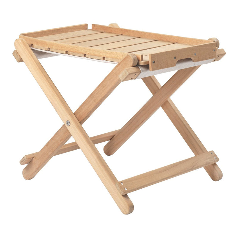 Light wood folding stool with slatted top and a natural finish, showcasing minimalist design and warm tones.