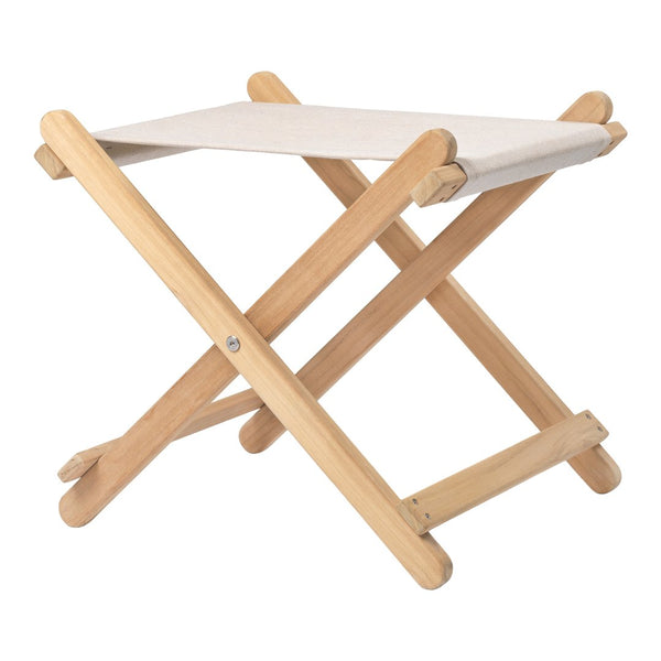 Light beige fabric seat with natural wood cross legs, minimalistic design and neutral tones for versatile decor.